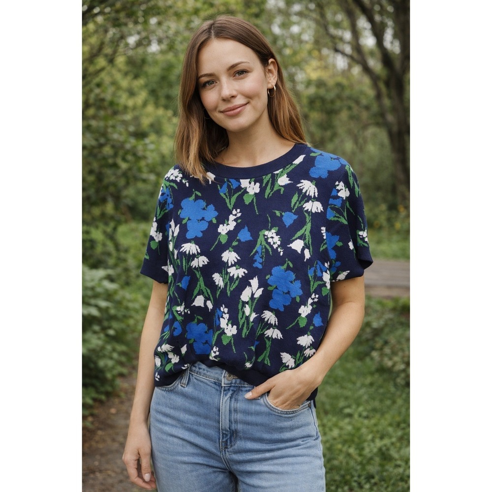 Kate Spade X Target Floral Sweater Womens 2X Navy Blue Short Sleeve Cottagecore